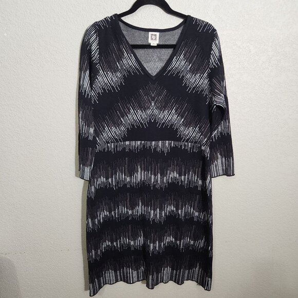 Anne Klein Knit Dress Womes XL Black White Abstract Zigzag Print V-Neckline - Picture 1 of 15